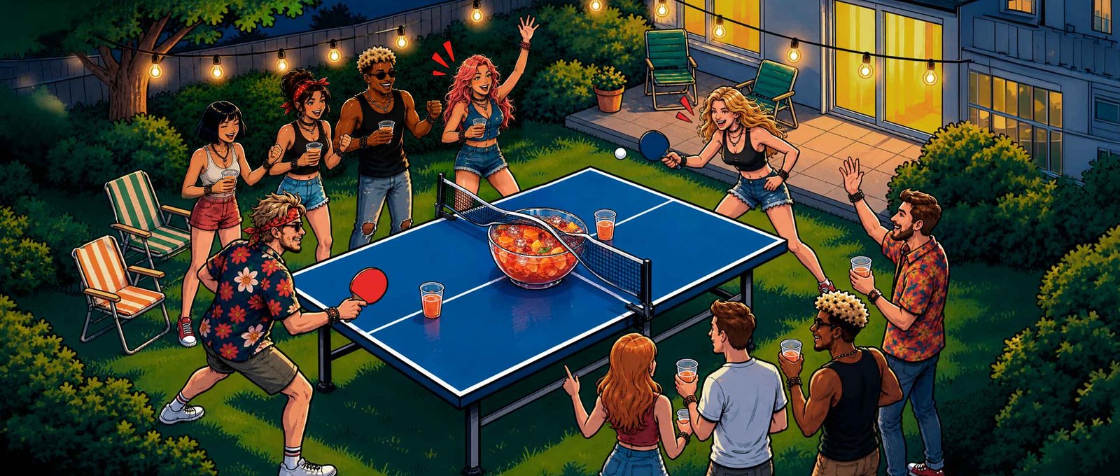 Une partie de Punch Pong : table, filet, saladier au centre, verres et public autour